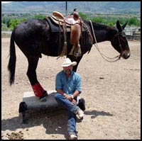 TIM DOUD with Diamond Creek Grover, one of the two mules he used in the John Lyons Certification program